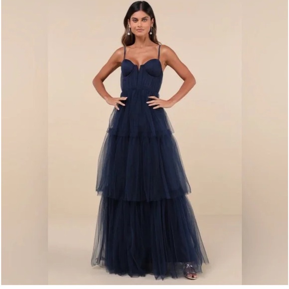 NWT Lulus Unforgettable Poise Navy Blue Tulle Bustier Tiered Maxi Dress - Picture 1 of 6